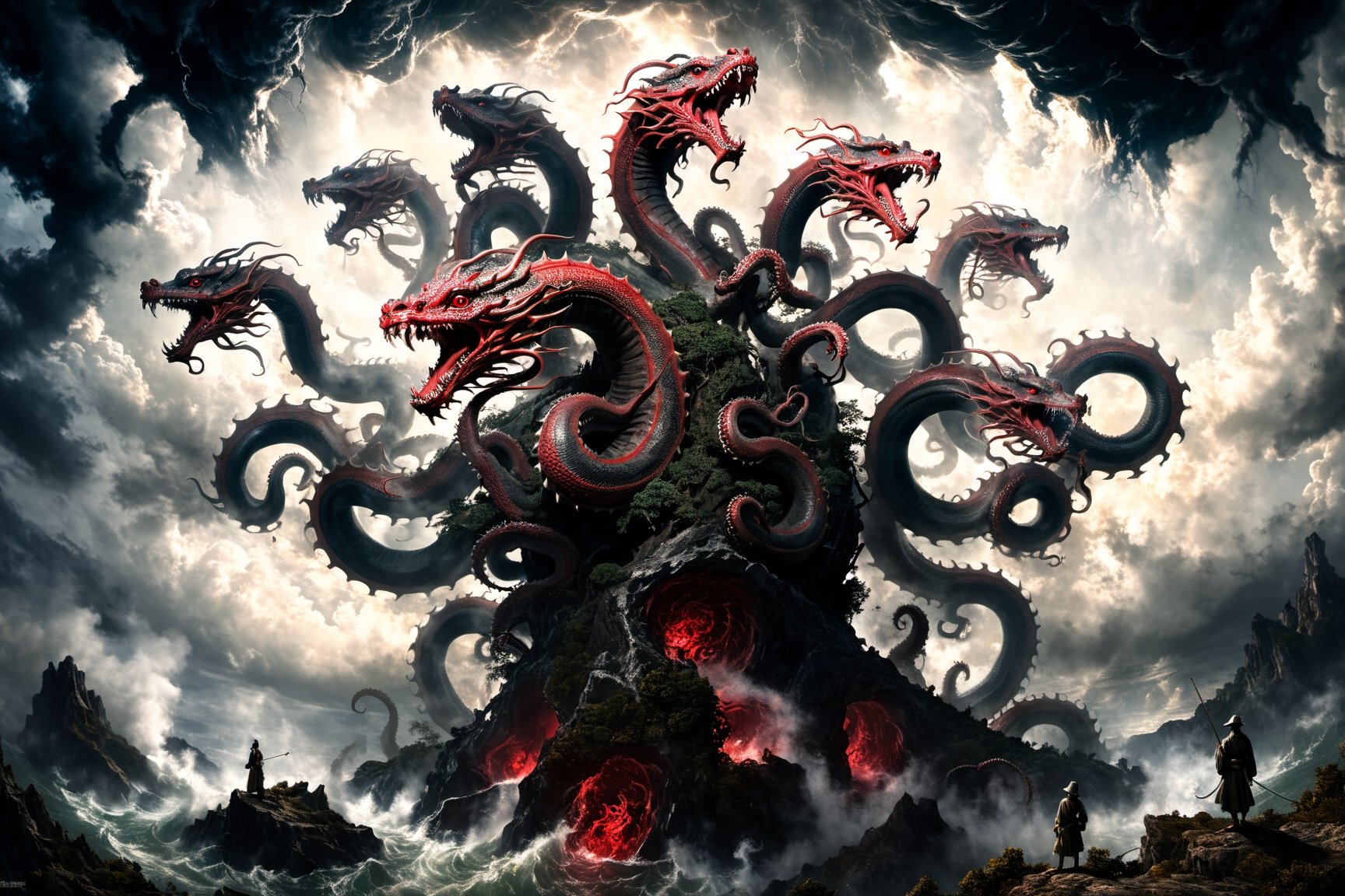 ((best quality)), ((masterpiece)), (((a seven-headed hydra))), (Seven intertwined hydras:1.9), (seven heads and necks:1.9), ,scary river monsters, Its Its eyes are red and shining, , it has five tails, Moss grow on its body, cypress grow on its body, cedar grow on its body, , (River water red with blood:0.5) , one side is covered in blood and sores, Scary and magnificent, a one ancient japanese girl standing on top of a hill next to a giant tree, , mountains, valleys, , ancient japanese mythology, , pixiv contest winner, fantasy art, , (intricate detail), (hyper detail), 8k hdr, high detail, lots of detail, , epic clouds and godlike lighting, covered with tentacles, , intricate ornate anime cgi style, night sea storm, birth of the universe, anime wallaper, a painting of a seven-headed dragon, Concept art by Hieronymus Bosch, pixiv contest winner, fantasy art, lovecraftian, cosmic horror, apocalypse art,Landskaper,6000,HellAI