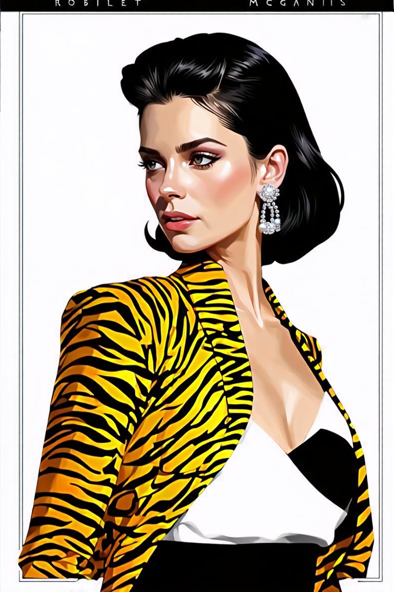 A captivating poster featuring a woman from the waist to the top of her head, showcasing a tiger-patterned jacket and slicked-back black hair. She is adorned with elegant white pearl earrings and exudes confidence. The painting is reminiscent of Robert McGinnis' iconic style, with a mysterious and glamorous atmosphere. There is no visible artist signature on the painting, adding to its enigmatic allure., poster