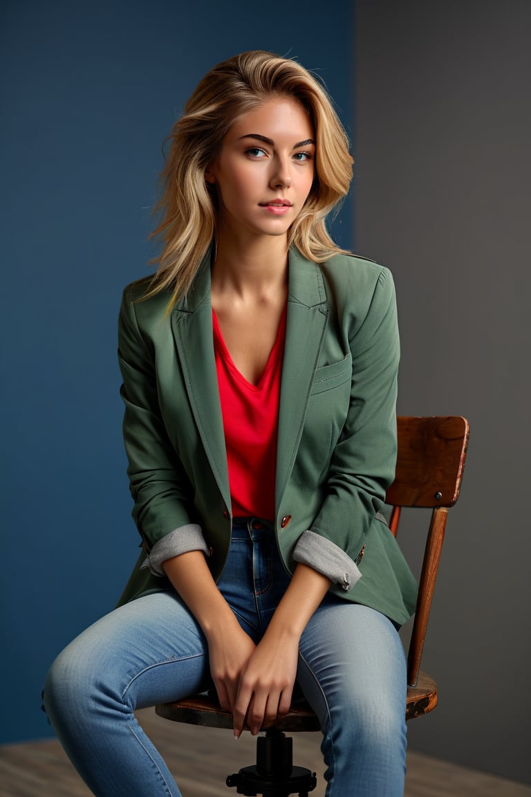 The image features a beautiful ohwx woman seated on a wooden director's chair. They have a casual, yet stylish appearance, sporting a neutral-toned blazer over a white top, paired with cuffed blue jeans and white sneakers. The girl's hair is styled in shoulder-length blonde, and they are looking directly at the camera with a soft, engaging expression. The background consists of a green canvas on the right and an abstract blue and red design on a grey backdrop to the left, suggesting a creative or artistic setting high detail, blurry background, 8k resolution