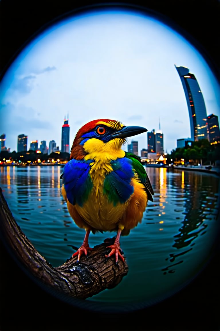 A captivating photo of a curious bird, taken through a fisheye lens, showcasing the incredible details of its vibrant feathers and intense gaze. The bird perches on a branch, its body framed by a hazy cityscape filled with towering skyscrapers and neon lights. The city's reflection dances on the surface of a nearby calm lake. The overall atmosphere of the image is both mystical and urban, with the bird as the focal point of this intriguing scene.