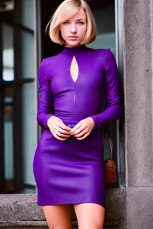 style of Ralph Gibson, solo, (cowboy shot:1.2), a photography portrait of wo_k1ra02 woman, blonde, bob cut, wearing a dark purple bodycon dress, blurry background, bokeh effect