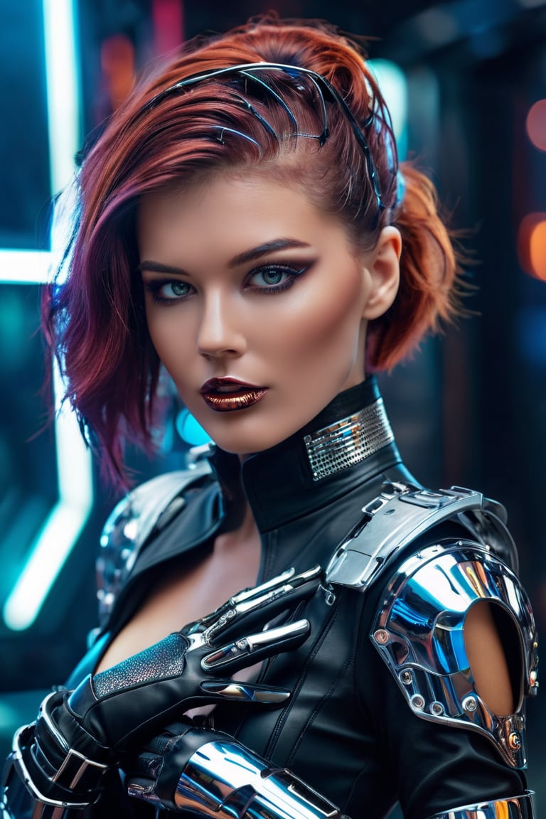 masterpiece, 8k, uhd, hdr effect, professional photography, the gorgeous ohwx woman, vogue style photo, portrait, wearing a futuristic amor, cyberpunk style, metal gloves, empowerment