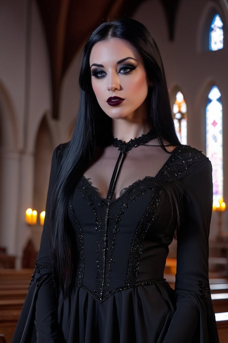 The gorgeous ohwx woman, black hair, long straight hair, with dark makeup, gothic style, wearing sexy gothic clothes, in a church, bokeh effect, natural illumination, 8k, UHD, HDR effect, masterpiece, professional photography,ohwx woman