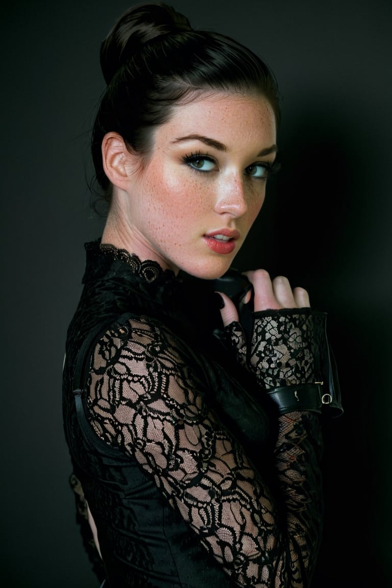 portrait photo of the beautiful ohwx woman, solo, dark brown hair in a ponytail, perfect body, wearing a black lace sundress and elbow gloves, freckles, style of (Tyler Shields:1.2), (best quality), (masterpiece), ((front view)) looking at the camera