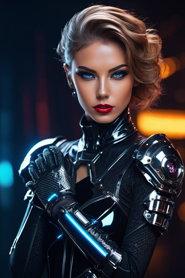 masterpiece, 8k, uhd, hdr effect, professional photography, the gorgeous ohwx woman, vogue style photo, portrait, wearing a futuristic amor, cyberpunk style, metal gloves, empowerment,
