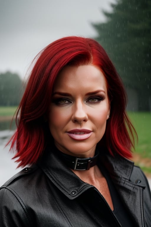 headshot, wo_veravluv01 wearing a high collar jacket, red hair, in the rain, park at the background, 8k, masterpiece, high_res, cinematic atmosphere, artstation, shadows, perfect skin, high skin details
