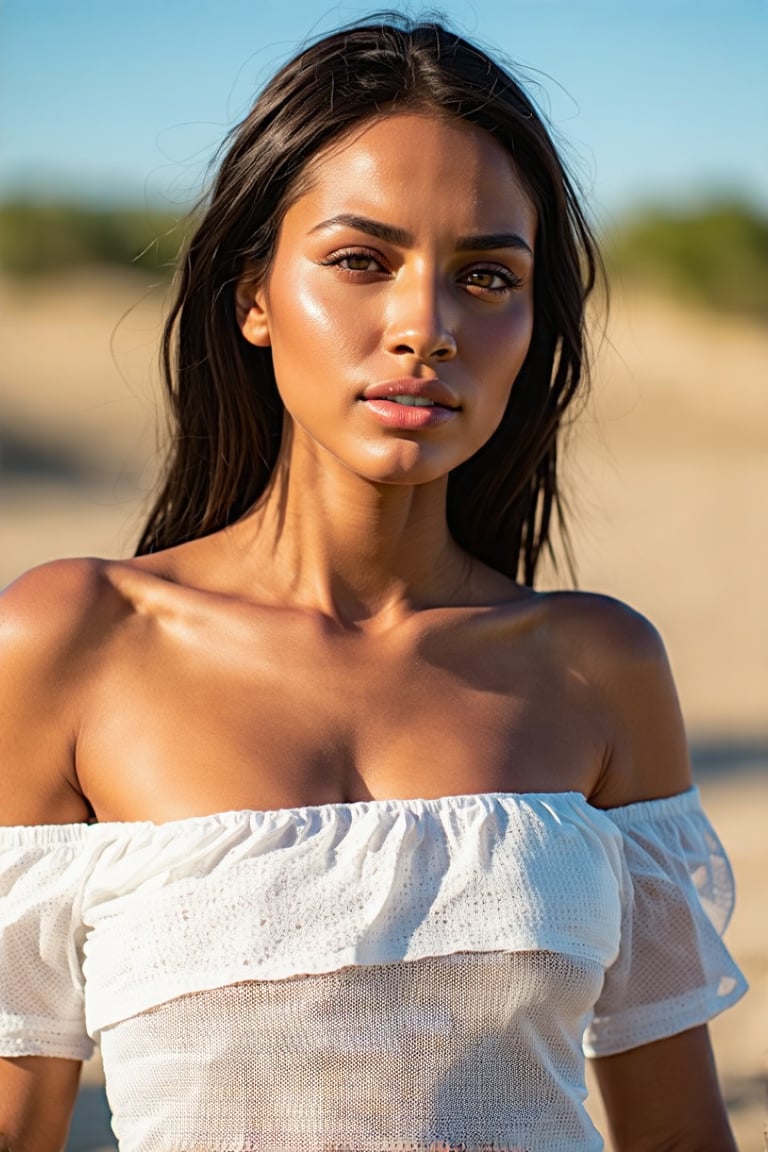 The image is a portrait-style photograph of a woman posing outdoors. The woman has dark hair and is wearing a white, off-the-shoulder top that is partially transparent, revealing her shoulders and part of her chest. Her gaze is directed off to the side, and she has a neutral expression on her face. The background is blurred but suggests a natural setting with a clear blue sky and what appears to be a sandy or rocky terrain. The lighting in the photograph is bright, with shadows cast on the woman's face and the fabric of her top, indicating that the photo was taken during the day with direct sunlight. There are no visible texts or logos in the image. The style of the photograph is modern and appears to be professionally taken, possibly for fashion or lifestyle purposes.