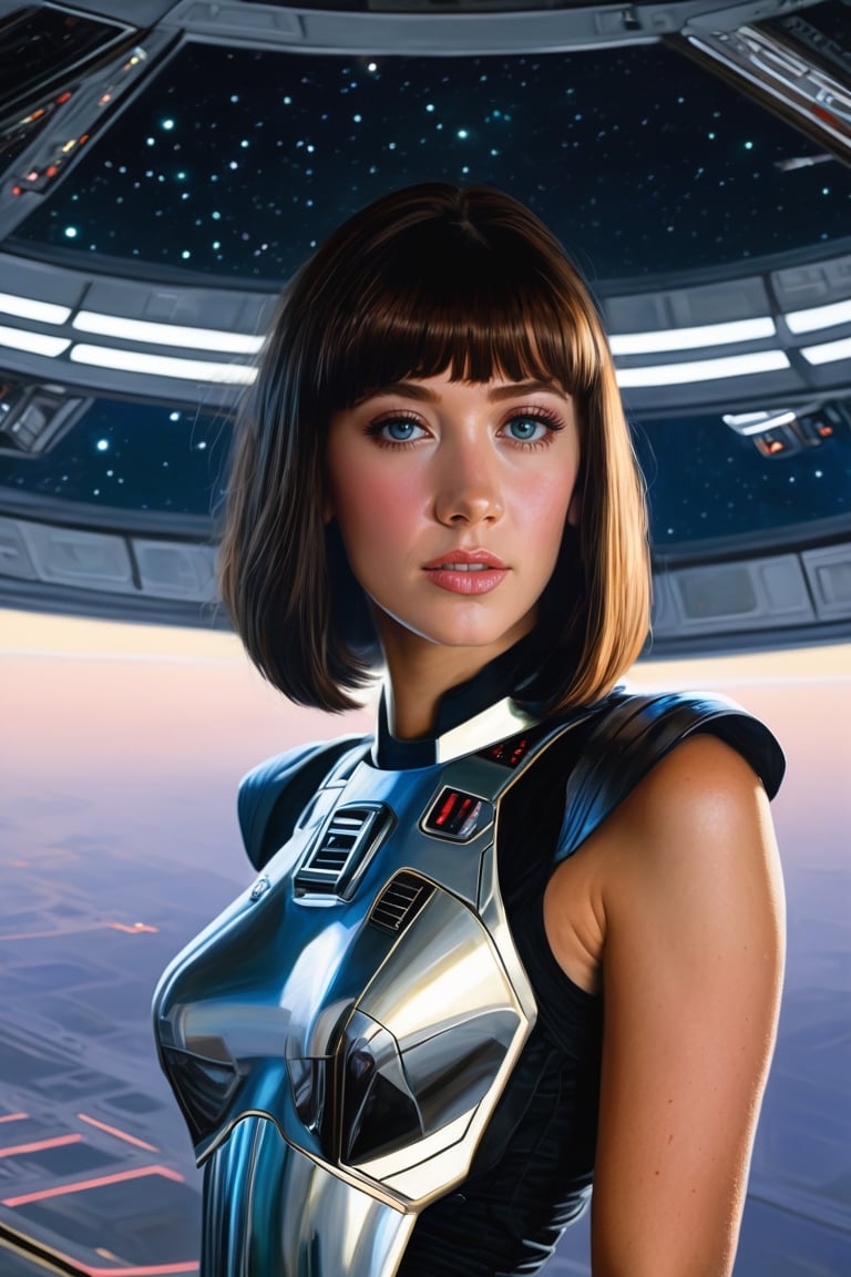 A painting in the style of F Scott Hess, headshot ohwx woman, medium bob cut hairstyle with bangs, wearing a tech armor, futuristic, star-wars, space ship interior, masterpiece, high quality, detailed