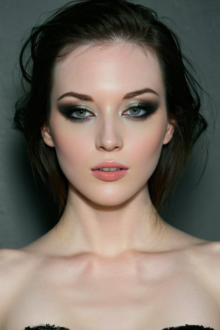 A fashion half body photo of ohwx woman. Smoky eye shadow, rebellious, sultry, flirty look, photo realistic, pale skin
