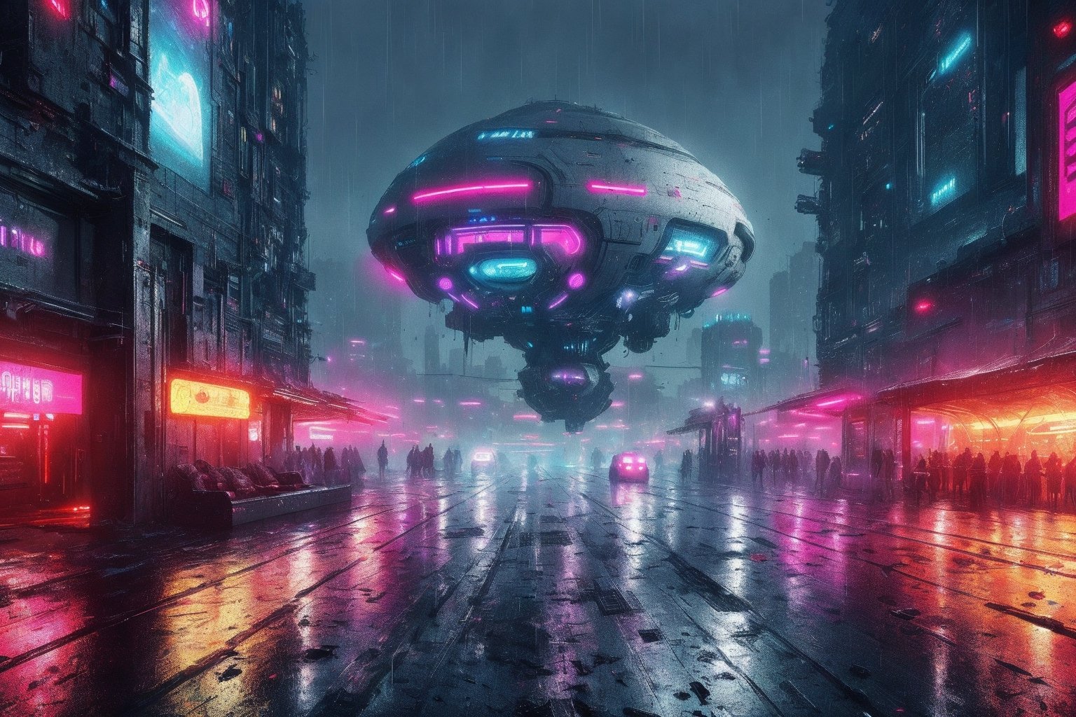 masterpiece, best quality, ultra-detail, realistic, high contract, science fiction, a futuristic city with lots of neon lights during a rainy night
