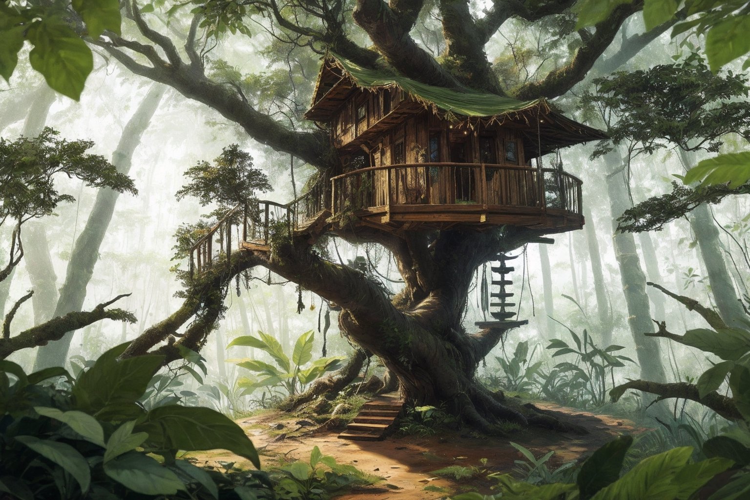 masterpiece, best quality, ultra-detail, realistic, high contract, treehouse in a tree in a jungle