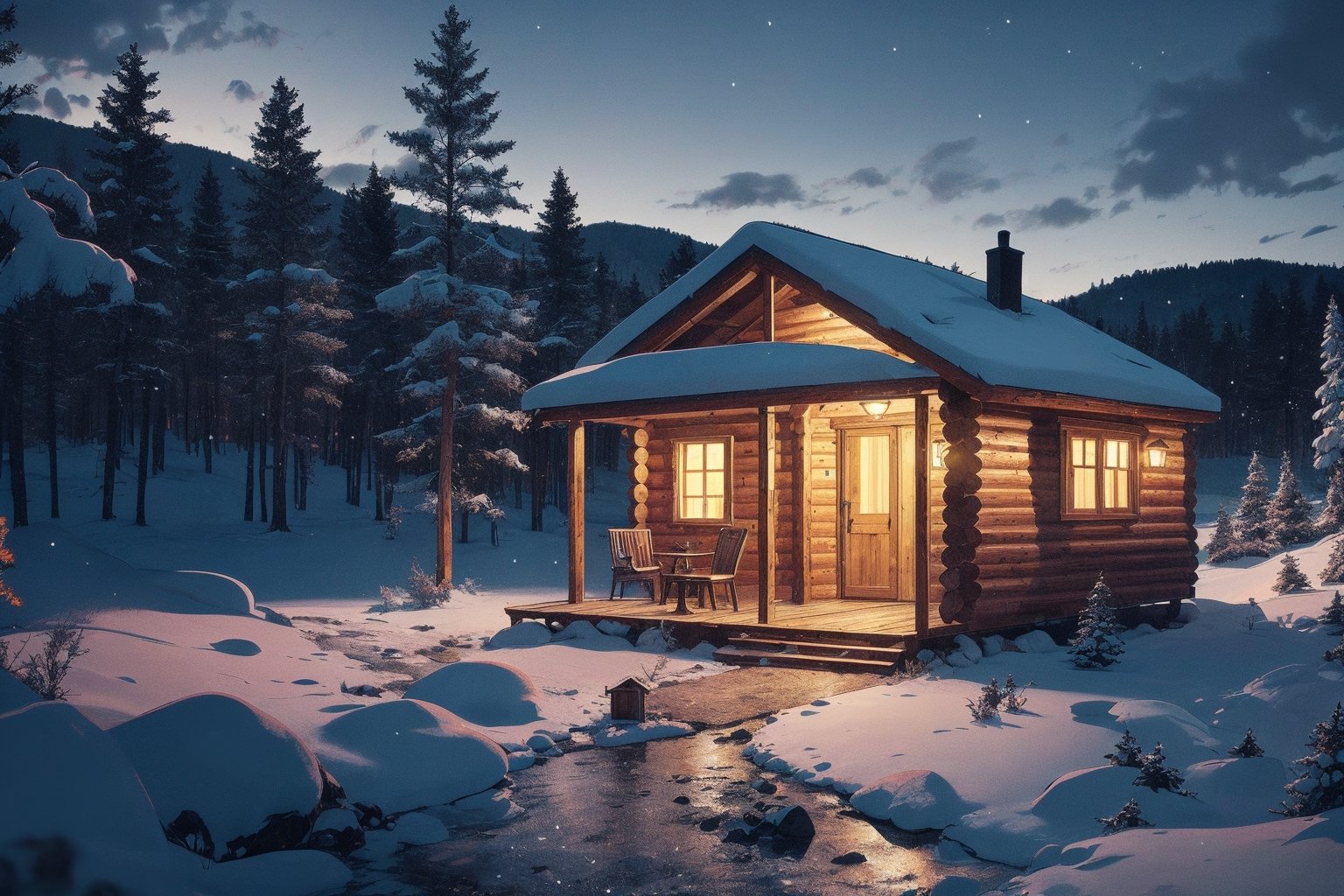masterpeice, best quality, ultra-detail, realistic, high contract, futursitic small glowing cabin in the middle of a winter landscape