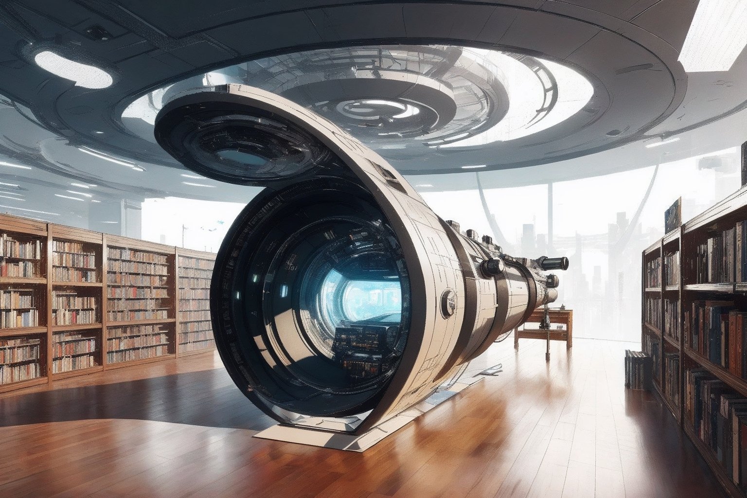 masterpiece, best quality, ultra-detail, realistic, high contract, futuristic cyberspace library with a telescope 
