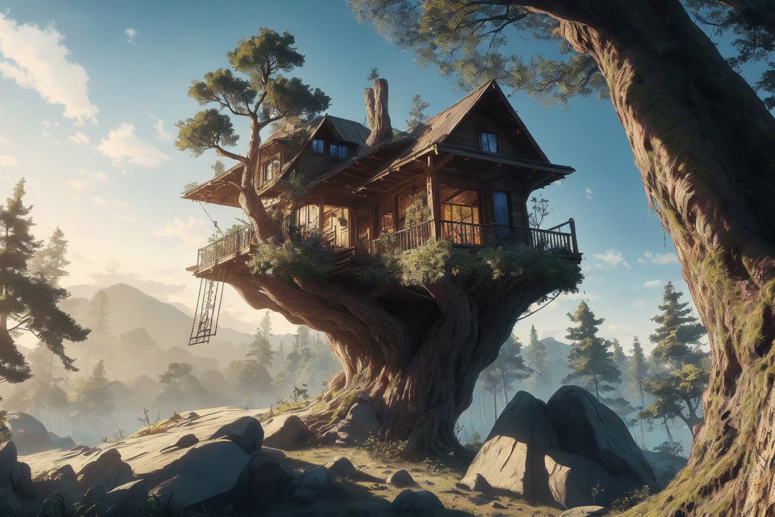 masterpiece, best quality, ultra-detail, realistic, high contract, treehouse with a tree inside balancing on a rock