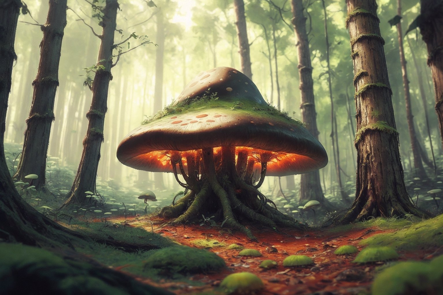 masterpiece, best quality, ultra-detail, realistic, high contract, futuristic, science fiction, mushroom forest deep in the woods