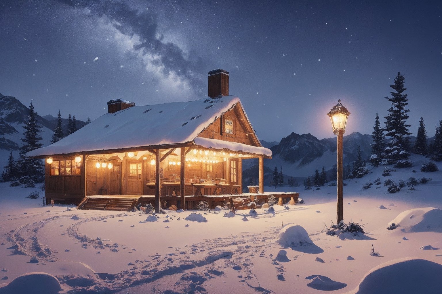 masterpiece, best quality, ultra-detail, realistic, high contract, snowy tavern at night in the middle of a desert