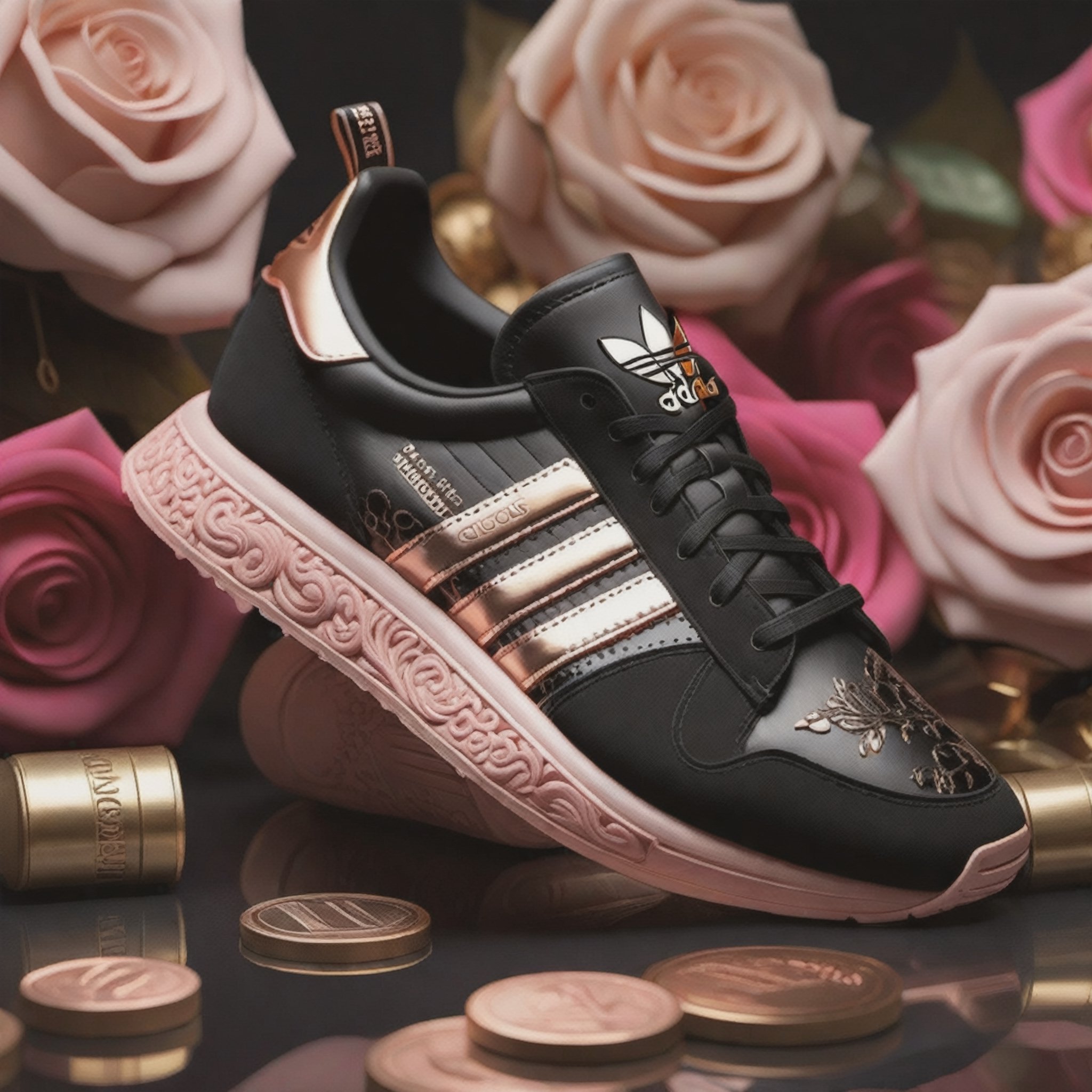 a stunning interpretation of Adidas bloomfield shoe sneaker tribute blackpink girls band, black color and rose gold carved Suede, advertisement, highly detailed and intricate, hypermaximalist, ornate, luxury, cinematic, cgsociety, Miki Asai Macro photography, close-up, hyper detailed, trending on artstation, sharp focus, studio photo, intricate details, highly detailed, by greg rutkowski