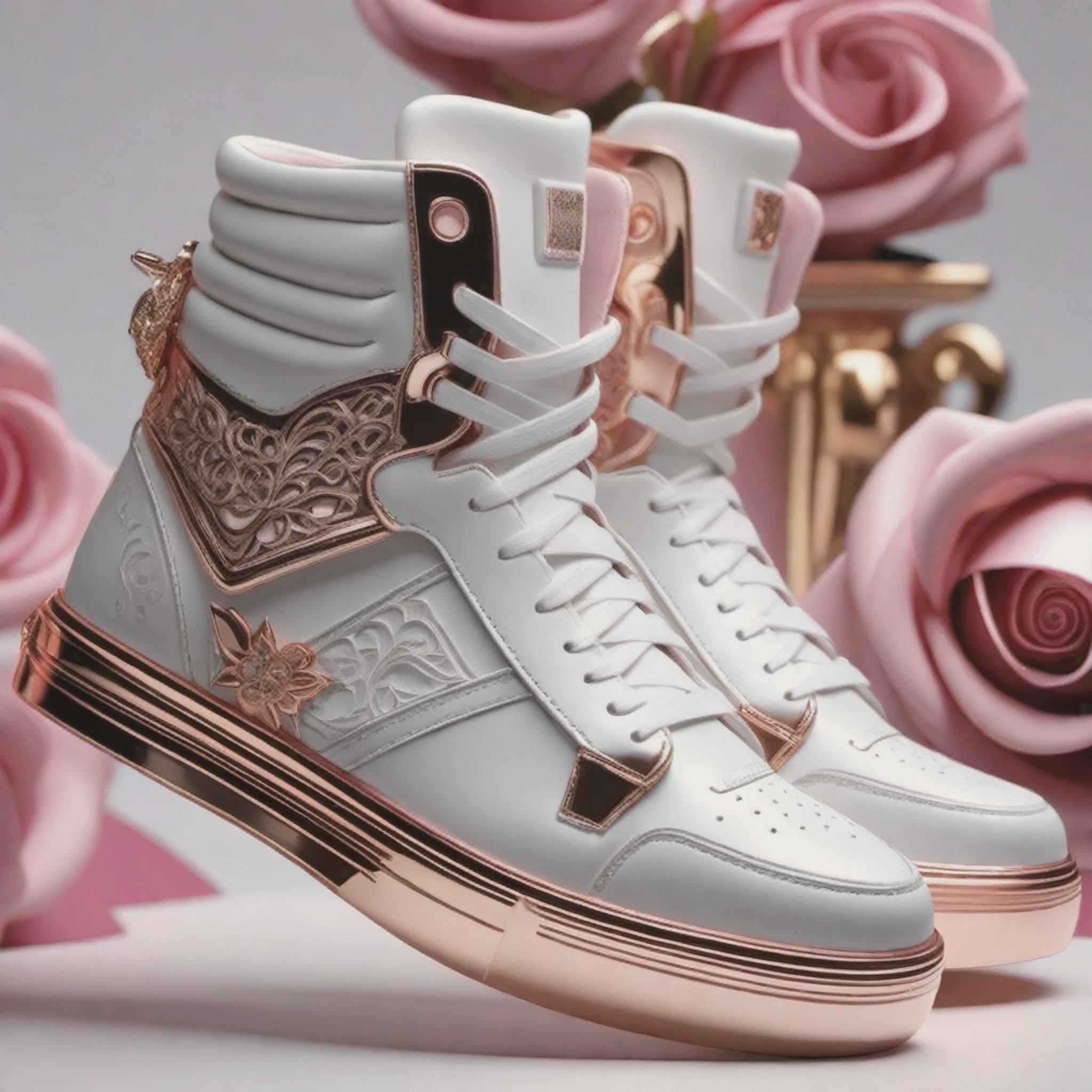 a stunning interpretation of shoe sneaker tribute blackpink girls band, white color and rose gold leather carved suede, advertisement, highly detailed and intricate, hypermaximalist, ornate, luxury, cinematic, cgsociety, Miki Asai Macro photography, close-up, hyper detailed, trending on artstation, sharp focus, studio photo, intricate details, highly detailed, by greg rutkowski