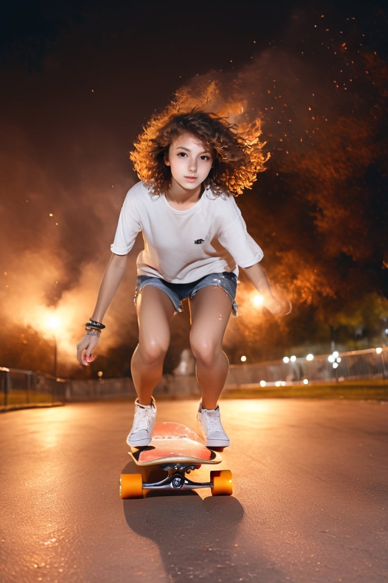 A picture of the girl play skateboard in the park, full body, symmetry, translucent mod skin,night scene, steet light, cars headlamp,fire_particles, sexy posture, brown eyes, brown curly hair, all body