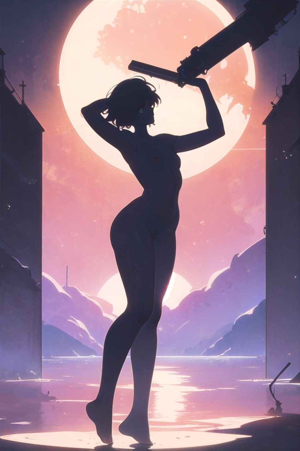 best quality, masterpiece, ultra detailed, Girl, solo, very short hair, (full body, head to toe), (silhouette, Silhouette art of a naked woman:2.0), 
BREAK, 
Open stance, hands behind head, (nude, best proportions:1.5), 
BREAK, 
light particles, water drop, underwater, (big moon), Backlighting, fantastical, imaginative, visually rich, nostalgic, vivid, expansive,