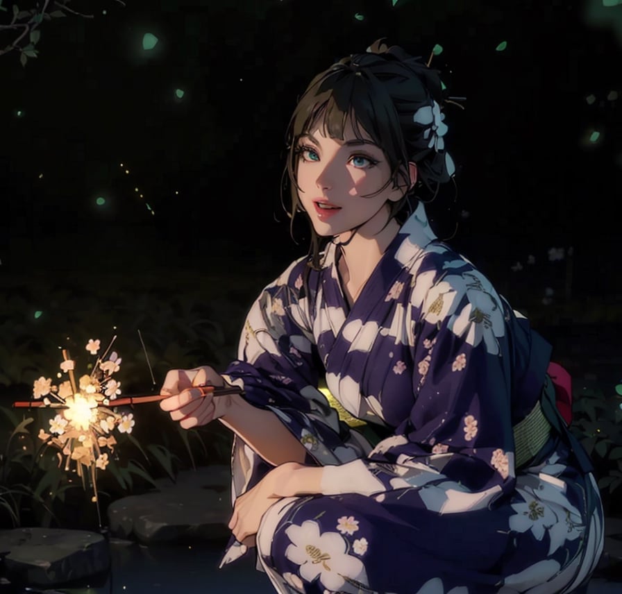 8K quality, high-definition animation, ultra-high-definition rendering, (one woman), (diagonal front view), (riverside background with green lights flying at night: 1.5), (many fireflies with green lights dancing), (woman crouching with incense sticks that emit golden sparks: 1.5), (sparks from incense sticks), light brown hair, (beautiful face), (eyes looking at you: 1.5), (smile), (white yukata with floral pattern: 1.5),