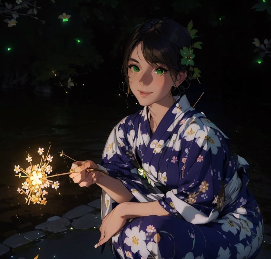 8K quality, high-definition animation, ultra-high-definition rendering, (one woman), (diagonal front view), (riverside background with green lights flying at night: 1.5), (many fireflies with green lights dancing), (woman crouching with incense sticks that emit golden sparks: 1.5), (sparks from incense sticks), light brown hair, (beautiful face), (eyes looking at you: 1.5), (smile), (white yukata with floral pattern: 1.5),