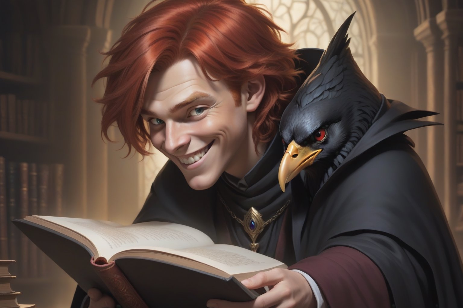 (best detailed), (best lighting), (ultra-detailed), (best quality), cunning boy wizard with red hair and evil smile, encouraging a large raven to read from a magic book.  There will be dire consequences.