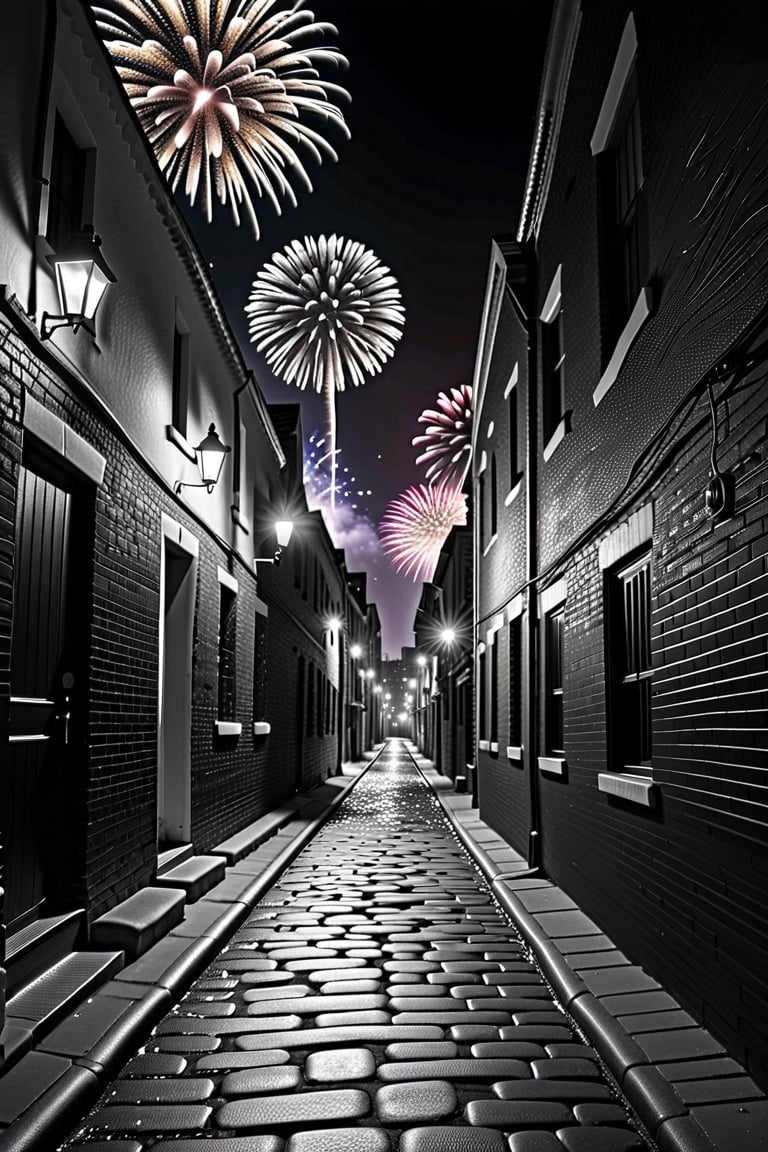 (best detailed), (black and white), (best lighting), (ultra-detailed), (best quality), (dark alleyway background, full colour fireworks in sky), goodbye 2023, high hopes for 2024