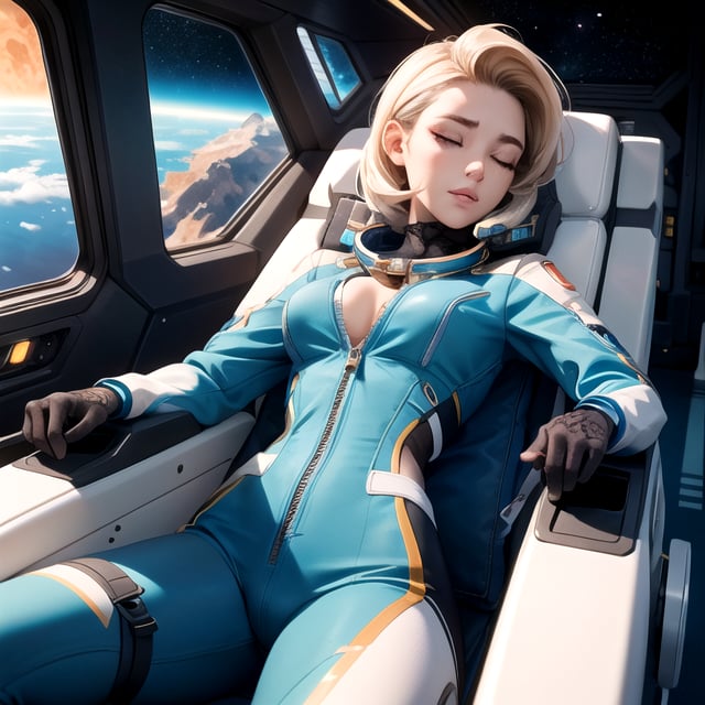 (masterpiece, best quality:1.4), (beautiful, aesthetic, perfect, delicate, intricate:1.2), (starship cockpit background, high contrast), beautiful woman, unzipped_astronaut_spacesuit, laying on reclined chair, head tilted back, slim waist, Large_breasts, cleavage, perfect face, eyeliner, short_scruffy_white_hair, arched back, viewed from above looking down, gasping, pleasured expression, both_eyes_half_closed