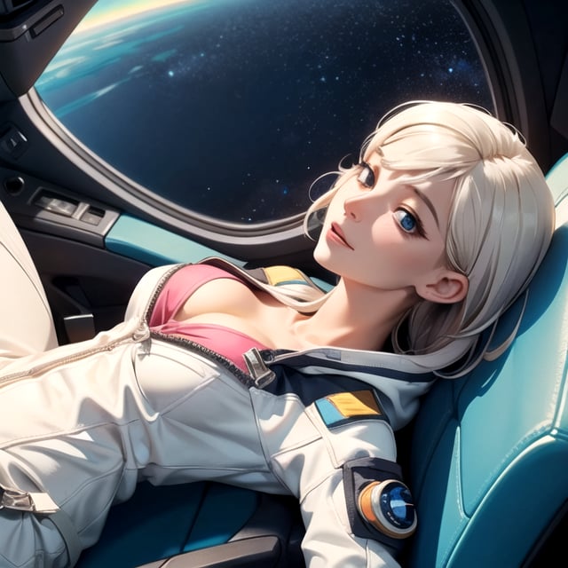 (masterpiece, best quality:1.4), (beautiful, aesthetic, perfect, delicate, intricate:1.2), (starship cockpit background, high contrast), beautiful woman, unzipped_astronaut_spacesuit, laying on reclined chair, head tilted back, slim waist, Large_breasts, cleavage, perfect face, eyeliner, short_scruffy_white_hair, arched back, viewed from above looking down, gasping, pleasured expression, both_eyes_half_closed