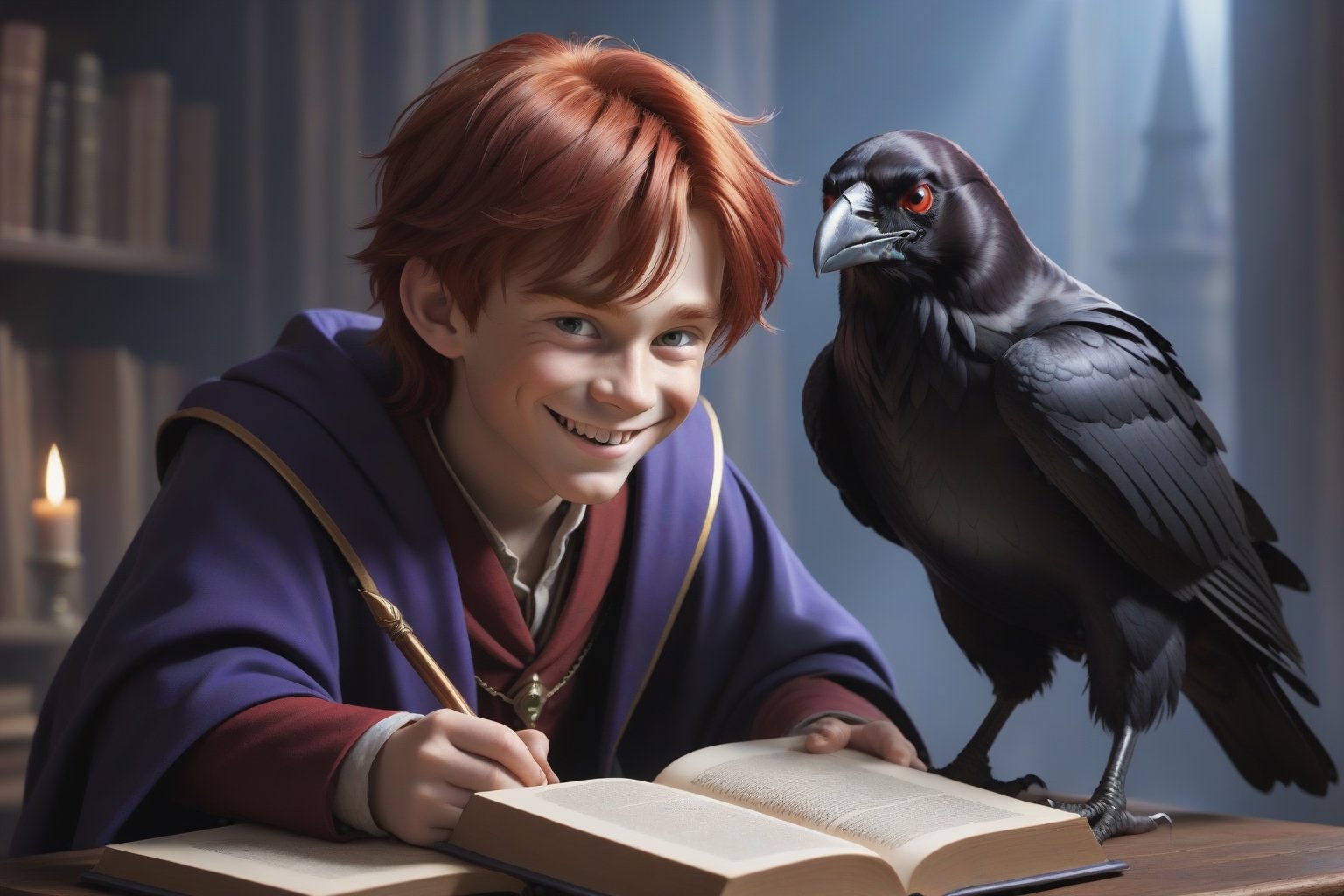 (best detailed), (best lighting), (ultra-detailed), (best quality), cunning boy wizard with red hair and evil smile, encouraging a large raven to read from a magic book not realising the raven has tricked him