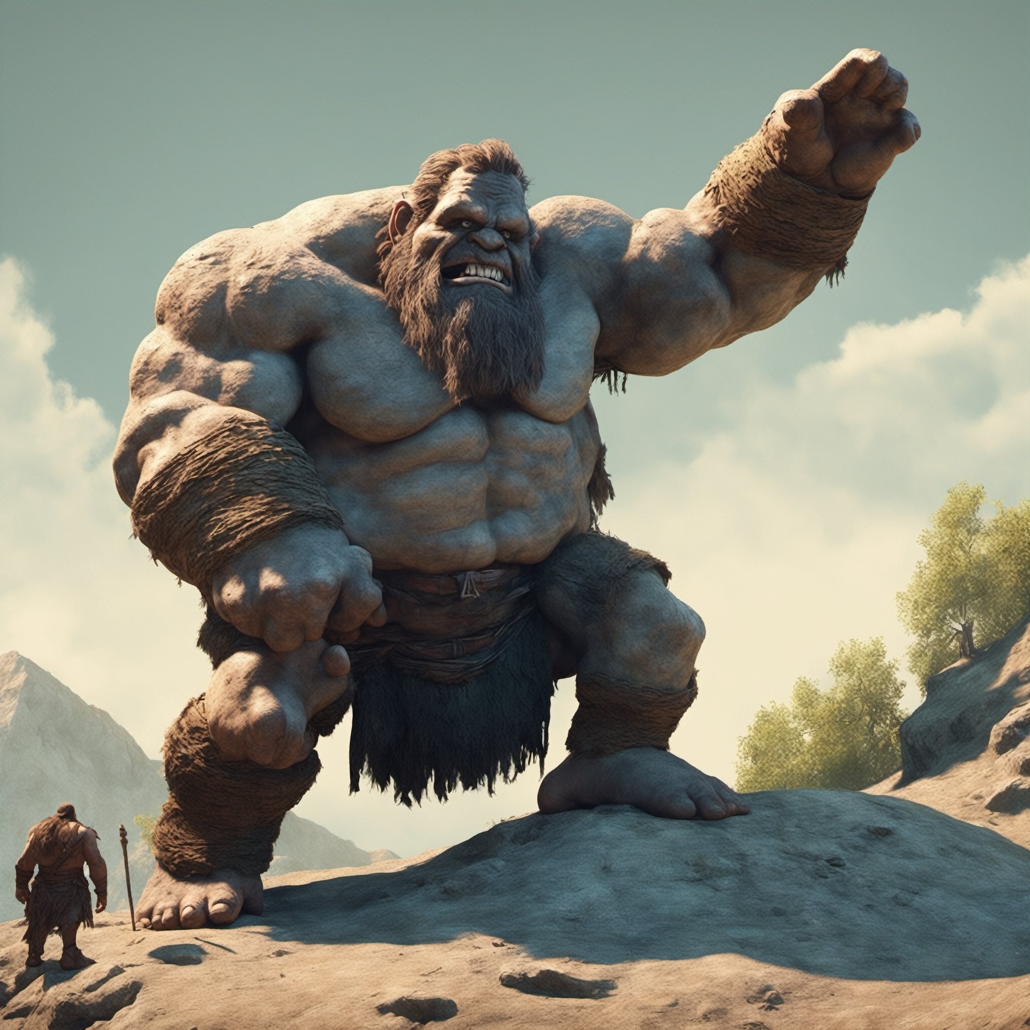 Cinematic scene, hero view, hyperdetailed picture of hill giant called Boris Bugbasher who is simple and clumsy, detailed background, masterpiece, best quality, high quality, highres, absurdres, vivid, Dungeons and Dragons 