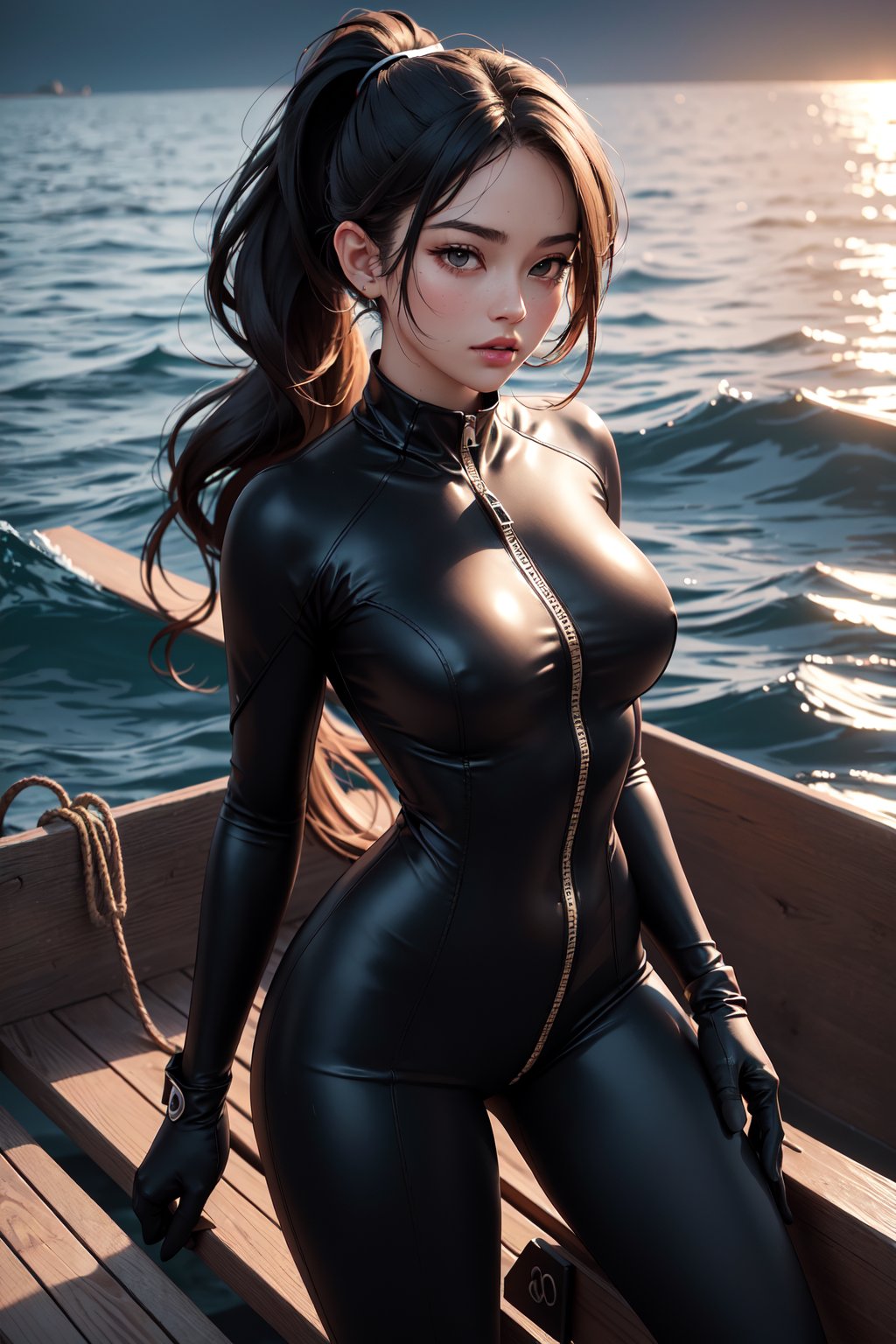 (deep ocean at sunset background), ((Viewed from above looking down)), sexy woman rowing a boat, wearing fullbody_black_partially_unzipped_divingsuit, large_breasts, long_slick_black_ponytail, slim_waist, curvy_hips, wet, exhausted.  Ultra detailed. Natural colors. Cinematic, ultra detailed., (sunset, dark, dark photo, grainy, dimly lit:1.3), (masterpiece:1.2), best quality, high quality, (realistic), (absurdres:1.2), UHD, ultrarealistic, noise