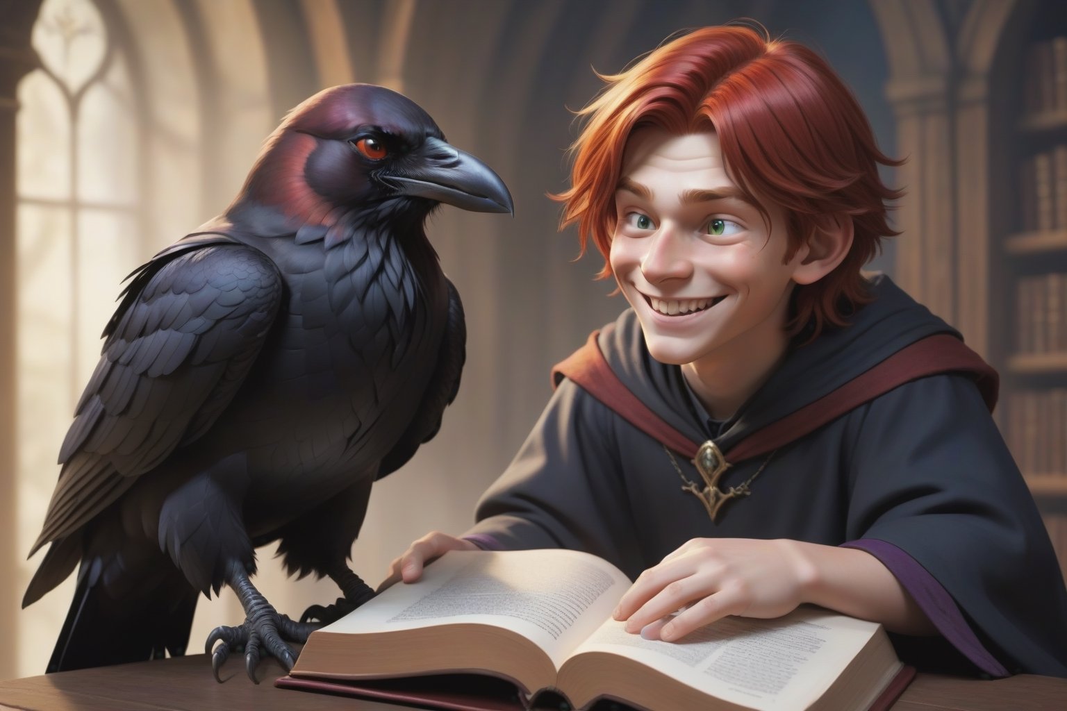 (best detailed), (best lighting), (ultra-detailed), (best quality), cunning boy wizard with red hair and evil smile, encouraging a large raven to read from a magic book not realising the raven has tricked him