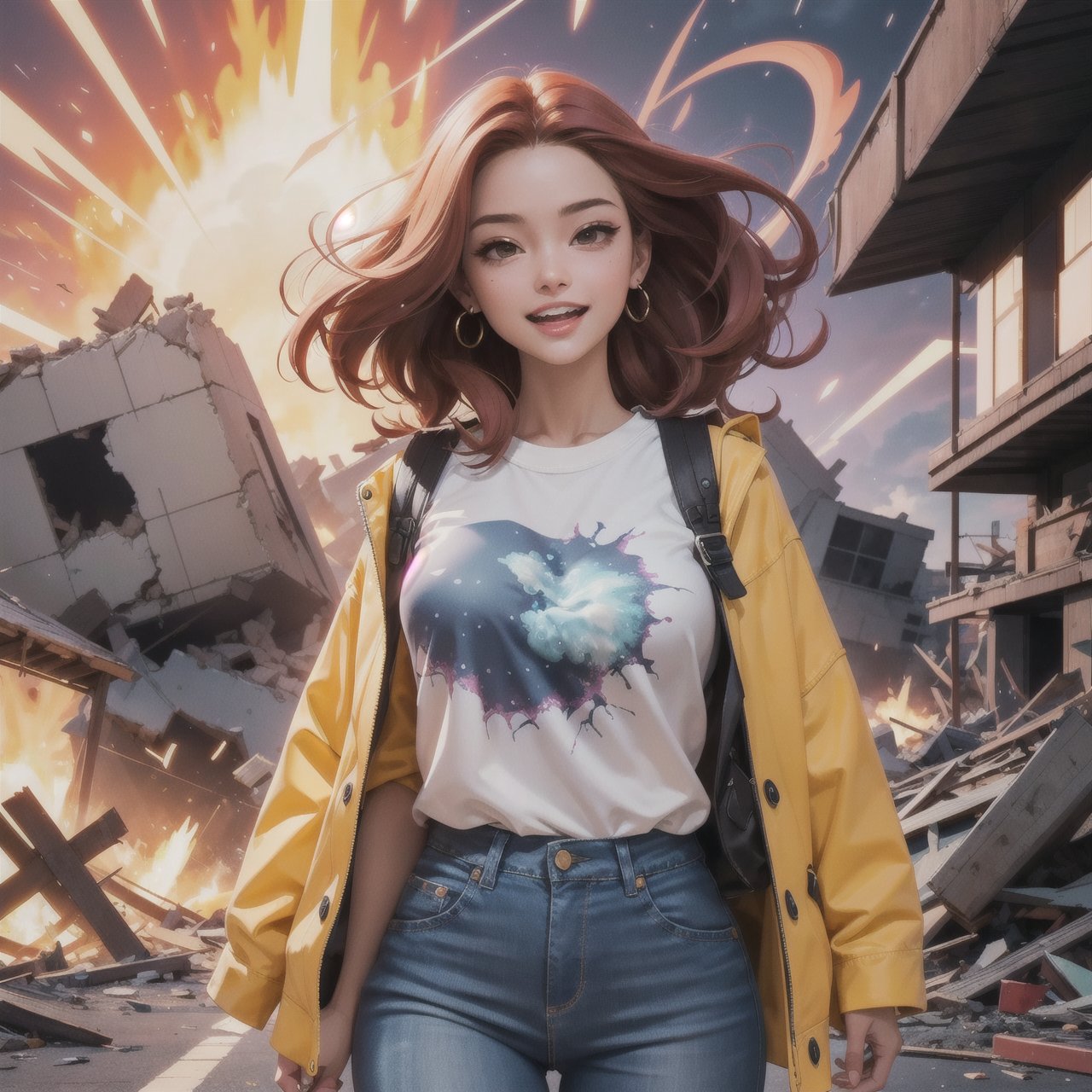 (masterpiece, best quality:1.4), (beautiful, aesthetic, perfect, delicate, intricate:1.2),((atomic explosion in background)), (mass destruction, collapsing buildings, disaster, nightmare, vivid colours), (high contrast), 2 beautiful women, tshirt, blue_jeans, skipping toward camera, laughing at their mobile phones, smiling, perfect face, eyeliner, long wavy windswept red hair, large_breasts, depth of field