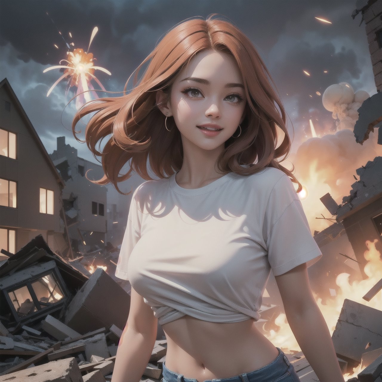 (masterpiece, best quality:1.4), (beautiful, aesthetic, perfect, delicate, intricate:1.2), (cinematic lighting), ((atomic explosion in background, mass destruction, collapsing buildings, disaster, nightmare, vivid colours)), (high contrast), beautiful women looking at mobile phone, skipping toward camera, tshirt, blue_jeans, navel, laughing, smiling, perfect face, eyeliner, long wavy windswept red hair, large_breasts, depth of field, under_boob