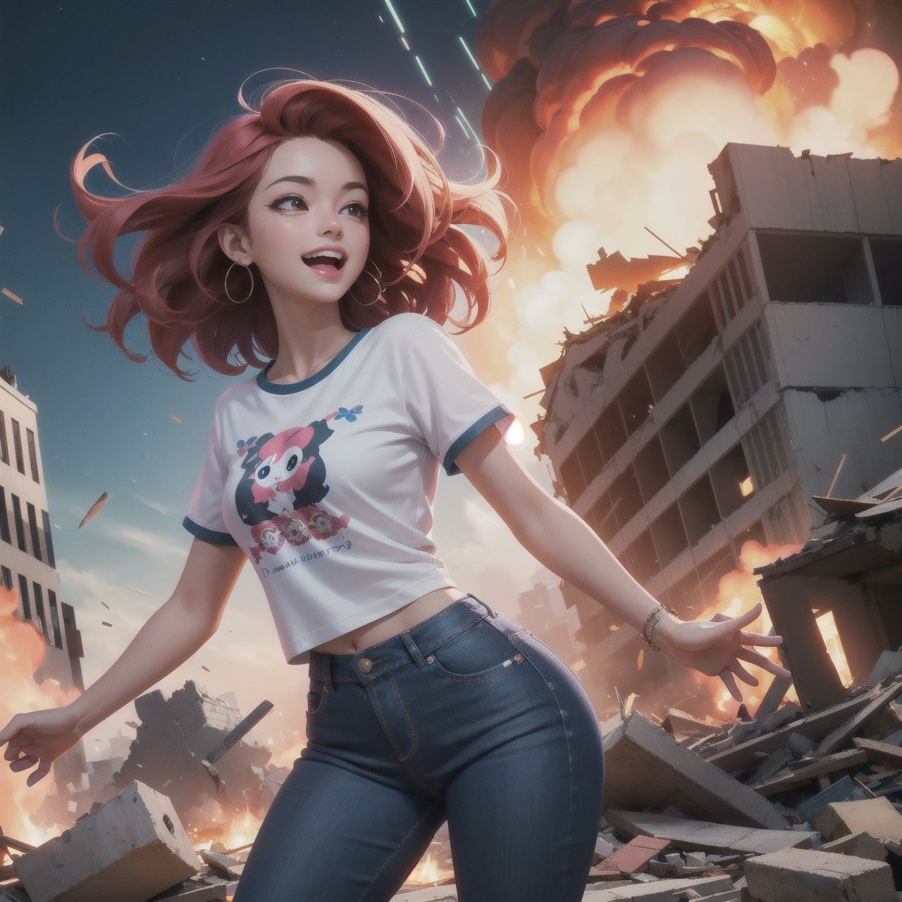 (masterpiece, best quality:1.4), (beautiful, aesthetic, perfect, delicate, intricate:1.2),((atomic explosion in background)), (mass destruction, collapsing buildings, disaster, nightmare, vivid colours), (high contrast), 2 beautiful women, tshirt, blue_jeans, skipping toward camera, laughing at their mobile phones, smiling, perfect face, eyeliner, long wavy windswept red hair, large_breasts, depth of field