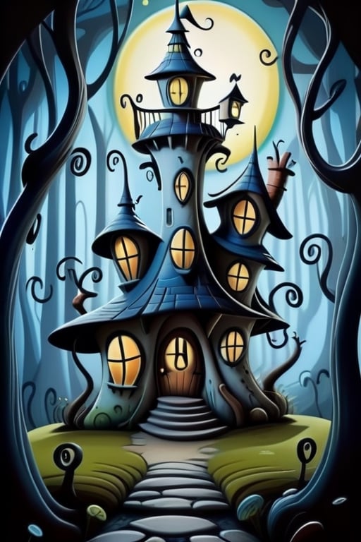 H
ouse in the woods, surrealism, 2D, cartoon style, the style of Disney,sticker,Tim Burton Style