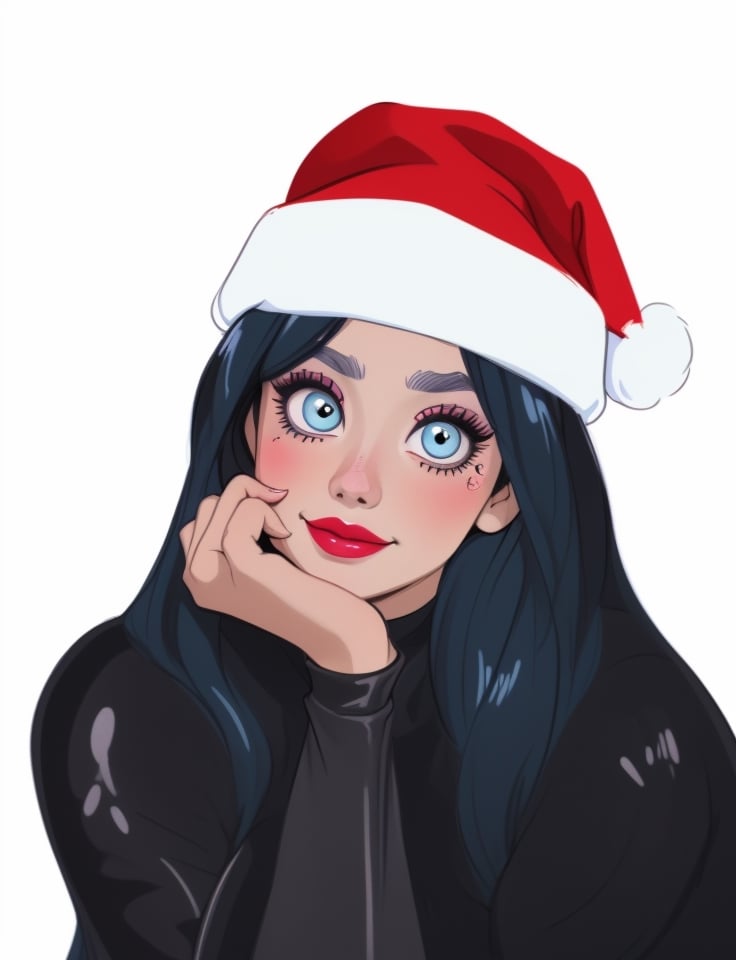 Billie Eilish christmas,Illustration, big eyes, Disney style, big eyes, cartoon style, marker colors, bright colors, sensual pose, big eyes, big lips, gothic makeup, (((big eyes))), diaphanous skin, flushed cheeks, beautiful, smiling, Disney style, big eyes, cartoon style, marker colors,girl