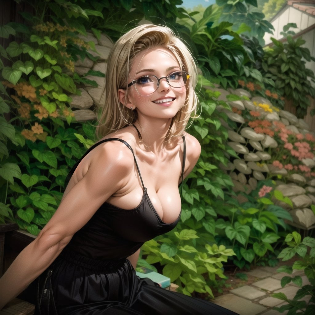 Sexy woman, sensual pose, pale skin, big boobs, huge boobs, bursting breast, big eyes, , boobs sticking out of the top, reading glasses, mischievous and winking smile, bright color illustration, 2D, cartoon style,Android_18_DB