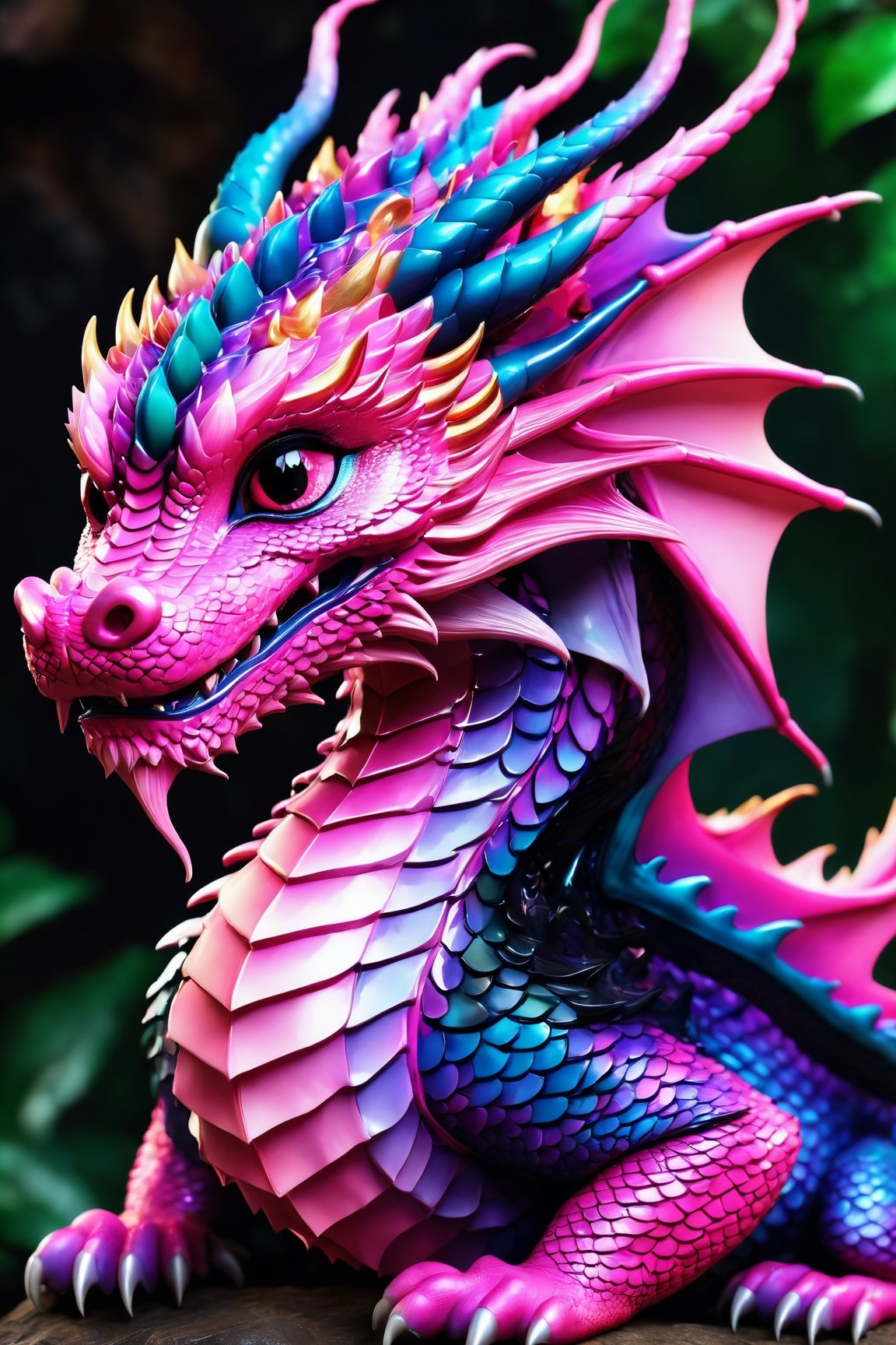 (best quality,8K,highres,masterpiece), ultra-detailed, (super colorful, pink dragon face), featuring the delightful and vibrant visage of a baby dragon. This enchanting dragon, with a cheerful smile, captivates the viewer as it gazes directly into their eyes. The background is a simple yet vivid white, accentuating the dragon's presence. Its expressive eyes, composed of deep black, are surrounded by a dazzling array of shades of pink that adorn its face, creating a mesmerizing and harmonious display of color. The dragon's distinctive features, including its unique head wings, fuse seamlessly into this radiant and fantastical portrayal of a pink dragon's face.