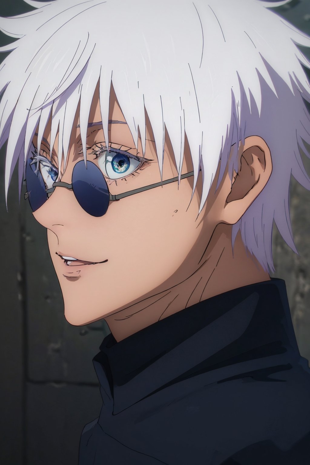 (best quality,4k,8k,highres,masterpiece:1.2),ultra-detailed,(realistic,photorealistic,photo-realistic:1.37),jujutsu Kaisen, Satoru Gojo, blindfold, white hair, cinematic,illustration,sharp focus,portrait,detailed wrinkles,menacing expression,beautiful detailed eyes,striking pose,background with Japanese symbols,strong aura vibrant colors,contrasting dark shadows,key light emphasizing the facial features,atmospheric lighting,subtle color grading