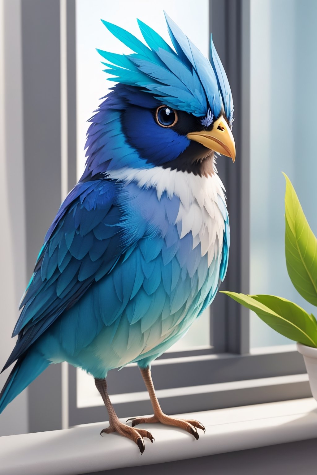 (best quality, hyper-realistic, 8K, ultra HD), (Pixar style, Disney style, Cinema 4D), Create a stunning 8K ultra HD illustration that brings Benny, a small bird with bright blue feathers and a melodious voice, to life. Render Benny in a hyper-realistic style, paying homage to both Pixar and Disney's iconic animation styles, using the power of Cinema 4D to capture every intricate detail of this charming character perched gracefully on a windowsill.