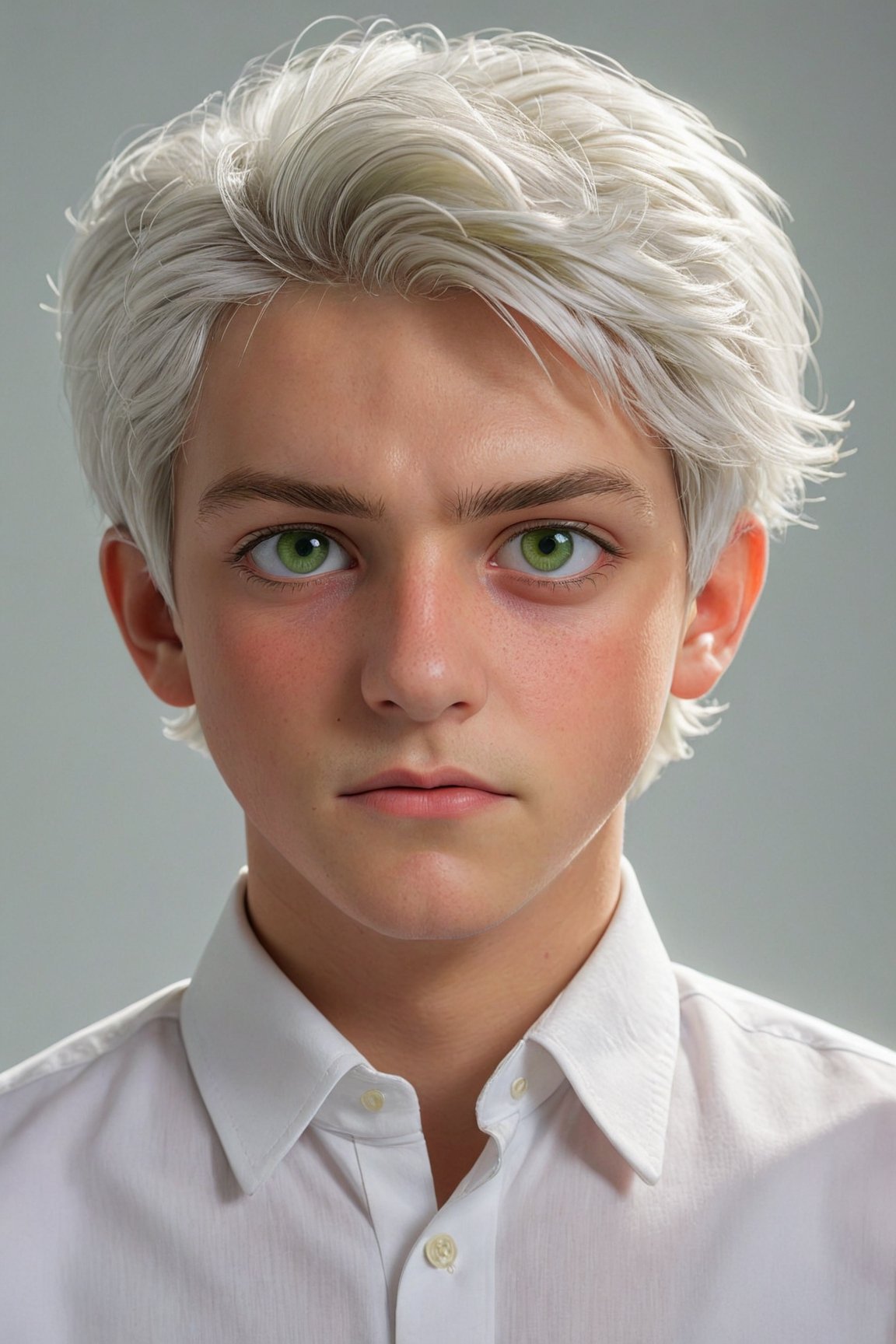 (best quality, 4k, 8k, highres, masterpiece:1.5), ultra-detailed,1boy, solo,looking at viewer,short hair,shirt,1boy,green eyes,white shirt,upper body,white hair,male focus,collared shirt,portrait