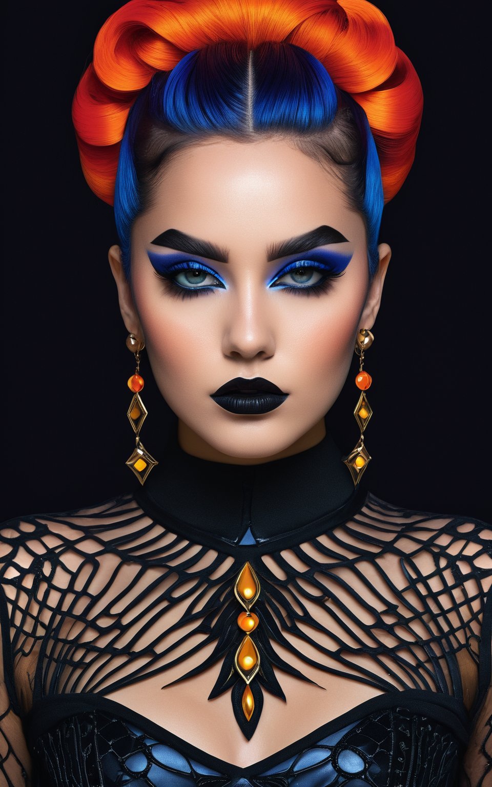 (best quality, 4K, 8K, high-resolution, masterpiece), ultra-detailed, photorealistic, striking young woman, bold Neo-Gothic makeup, bold Neo-Gothic hair, vibrant Pop Art inspired outfit, intricate facial designs, modern fashion, high fashion, vibrant colors, digital art.