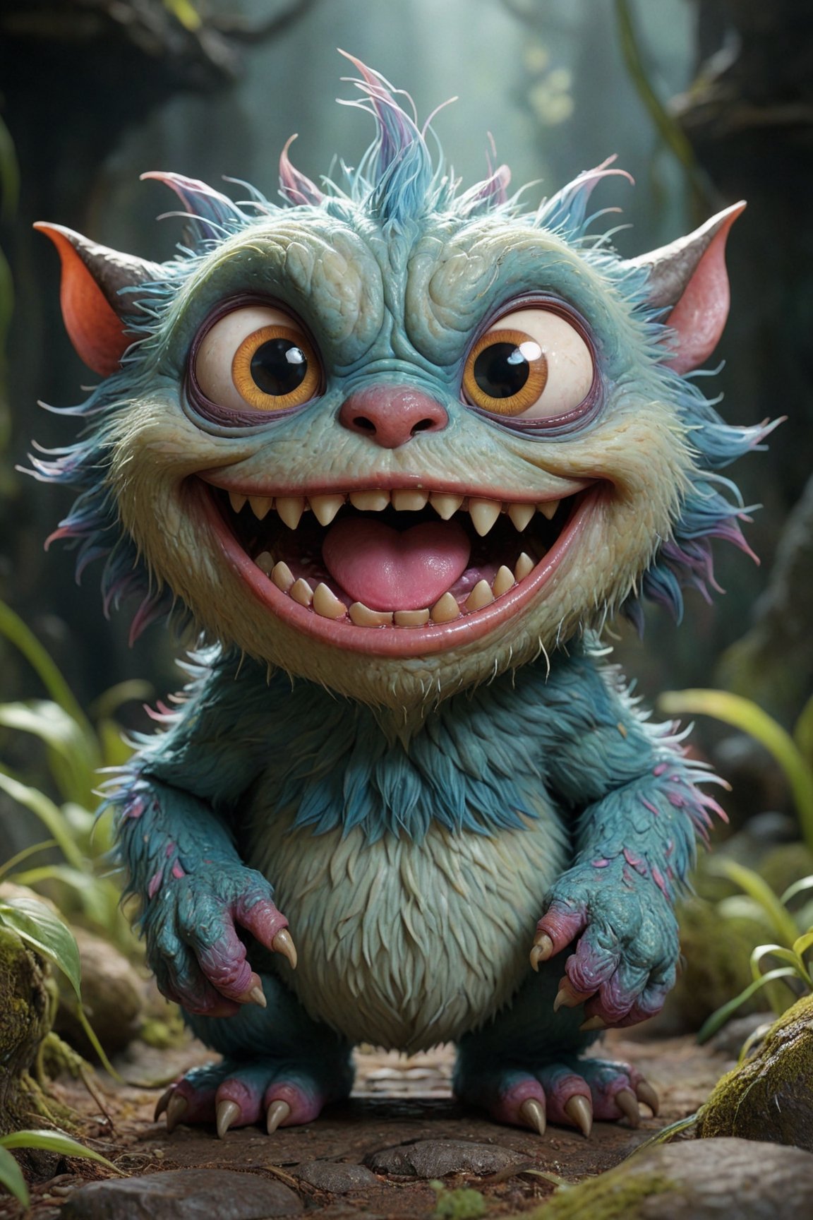 (best quality,8K,highres,masterpiece), ultra-detailed, 3D, capturing the whimsical essence of a cute, tiny monster with a distinctly creepy smile. This creature, while small in stature, boasts an array of vibrant colors and textures, making it stand out with its unique charm. Despite its eerie grin, there's an undeniable allure to its appearance, blending elements of the adorable with the slightly unsettling. The monster's eyes sparkle with mischief, suggesting a playful nature behind its unnerving smile. Its skin is highly textured, showcasing an array of soft, pastel shades that contrast with the darker, more mysterious tones of its grin. The background is deliberately blurred, focusing attention on the creature's expressive face and the intricate details that define its character. This portrayal combines the innocent with the eerie, inviting viewers into a world where even the smallest monsters carry a mix of cuteness and mystery.