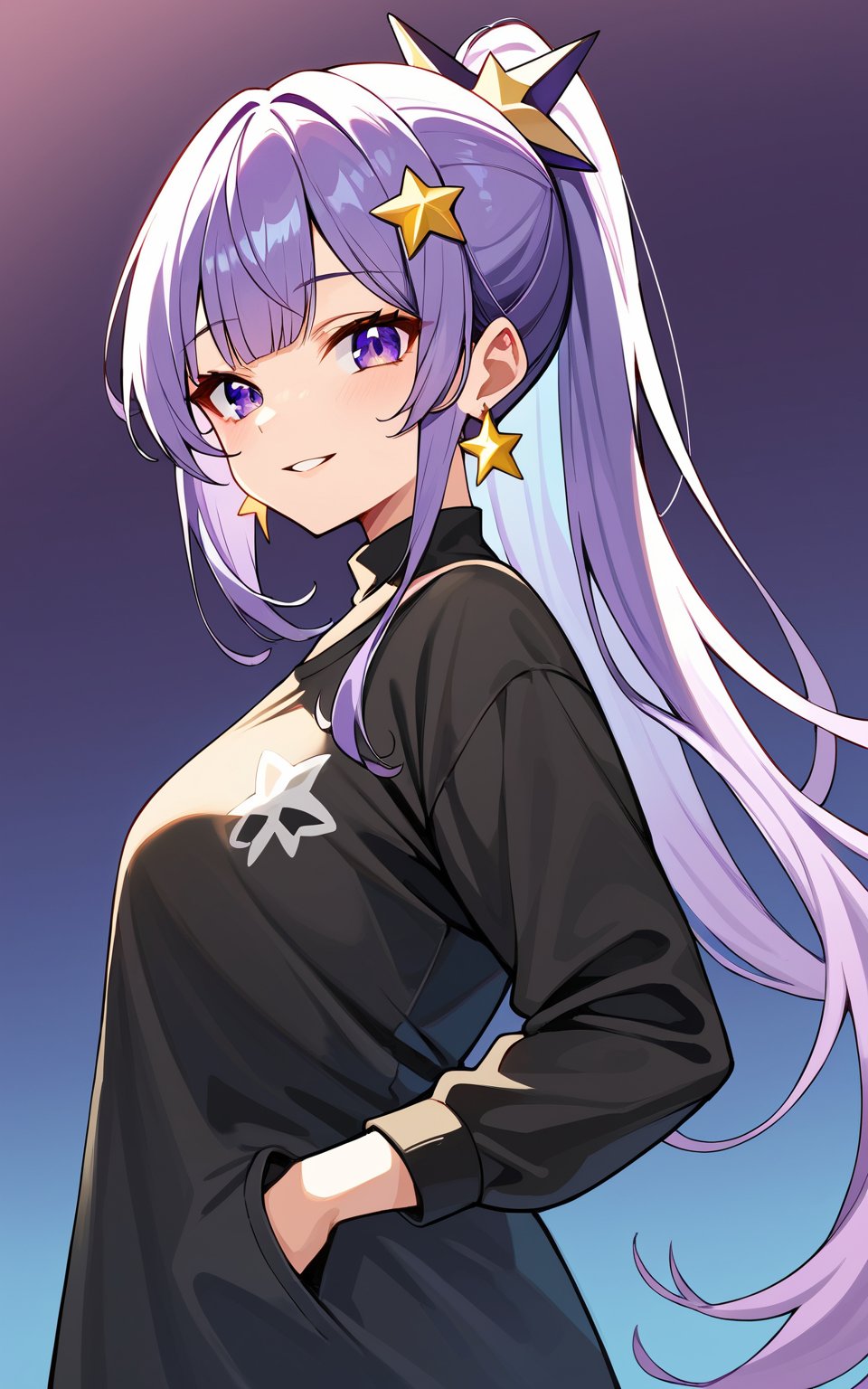 score_9,score_8_up,score_7_up, 1girl,long hair,looking at viewer,smile,bangs,shirt,hair ornament,long sleeves,jewelry,purple eyes,upper body,ponytail,purple hair,sidelocks,earrings,parted lips,virtual youtuber,star (symbol),from side,gradient,black shirt,gradient background,clothes writing,purple background,star hair ornament,hands in pockets,star earrings
