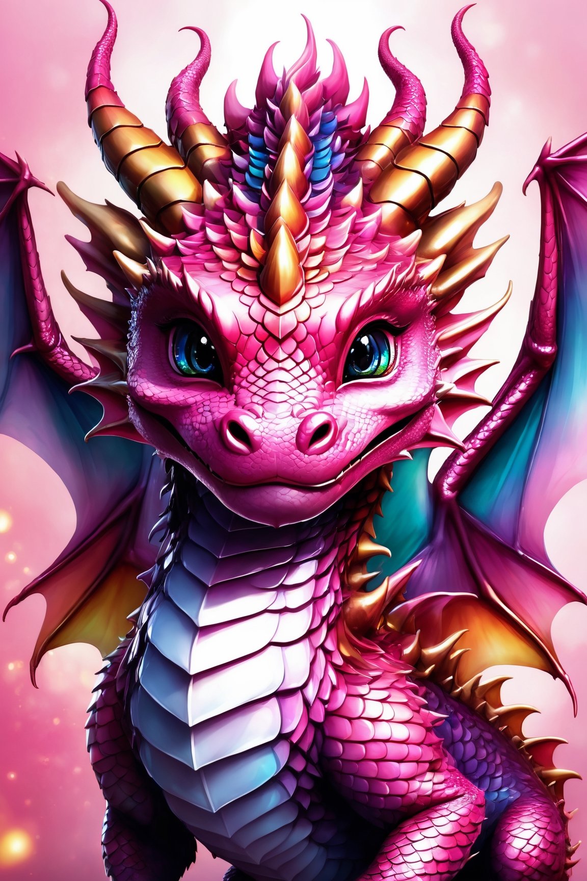 (best quality,8K,highres,masterpiece), ultra-detailed, (super colorful, pink dragon face), depicting the enchanting visage of a baby dragon girl. Her radiant pink scales glisten with vibrancy as she gazes at the viewer with a warm smile. Set against a simple yet striking white background, this illustration focuses on her charming face, showcasing her sparkling black eyes and the magnificent wings and head wings that frame her expression. The dragon's appearance is reminiscent of a delightful creature from the world of Pokémon, harmoniously fused with fantastical elements and a mesmerizing array of vivid pink hues, creating a captivating and stunning masterpiece.