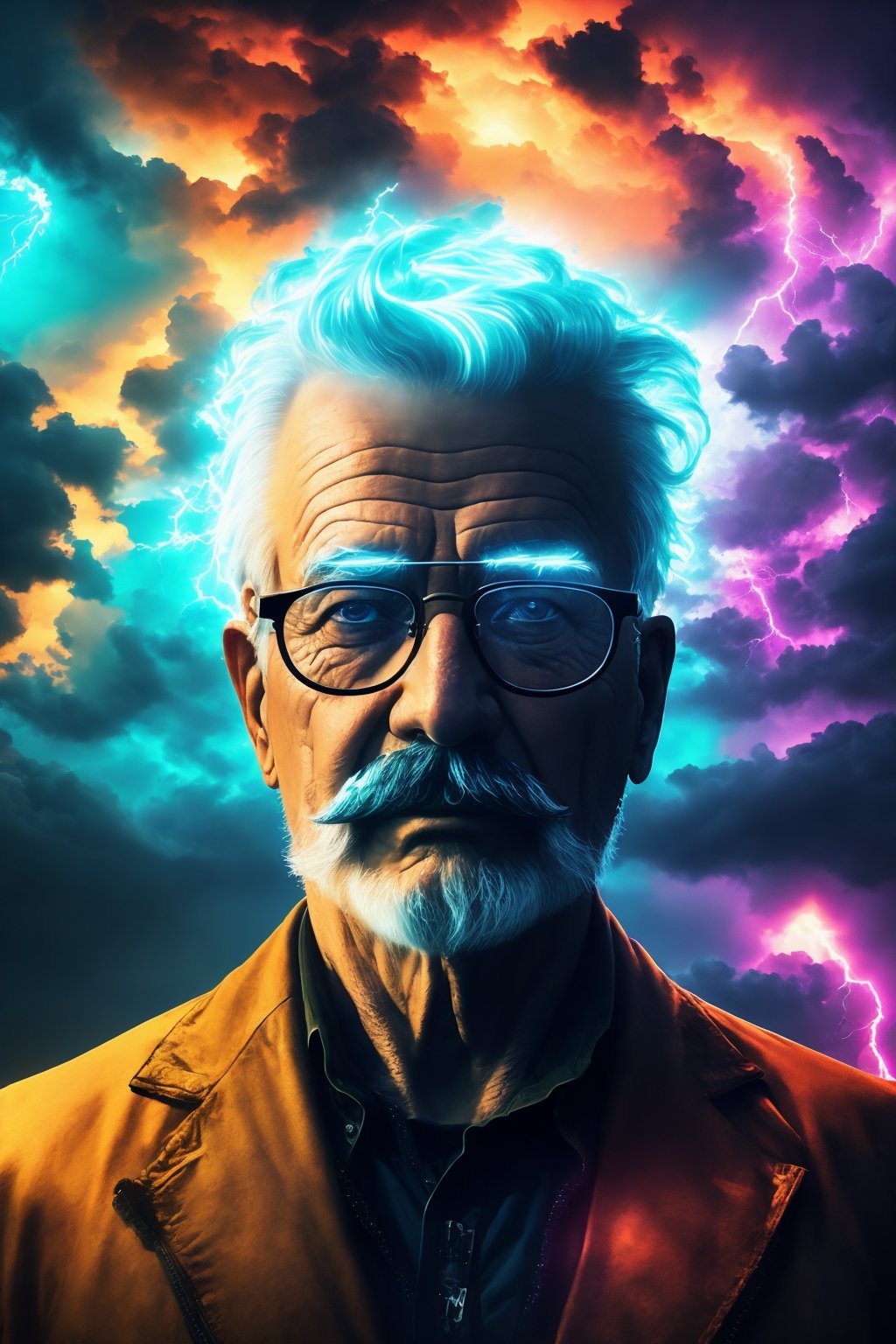 lightning strikes, abstract, high quality, UHD, Luminous Studio graphics engine, violet, cyan, octane render, cloudy haze, fiery members, old man Carl Gustav Jung with glasses and mustache portrait