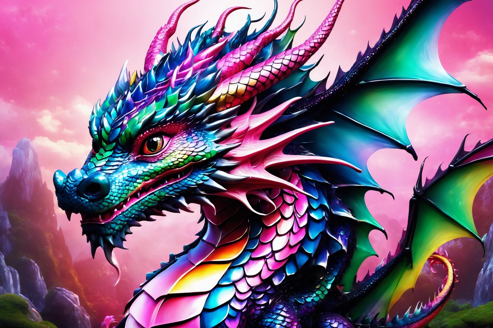 (best quality,8K,highres,masterpiece), ultra-detailed, (super colorful, pink dragon face), featuring the delightful and vibrant visage of a baby dragon. This enchanting dragon, with a cheerful smile, captivates the viewer as it gazes directly into their eyes. The background is a simple yet vivid white, accentuating the dragon's presence. Its expressive eyes, composed of deep black, are surrounded by a dazzling array of shades of pink that adorn its face, creating a mesmerizing and harmonious display of color. The dragon's distinctive features, including its unique head wings, fuse seamlessly into this radiant and fantastical portrayal of a pink dragon's face.